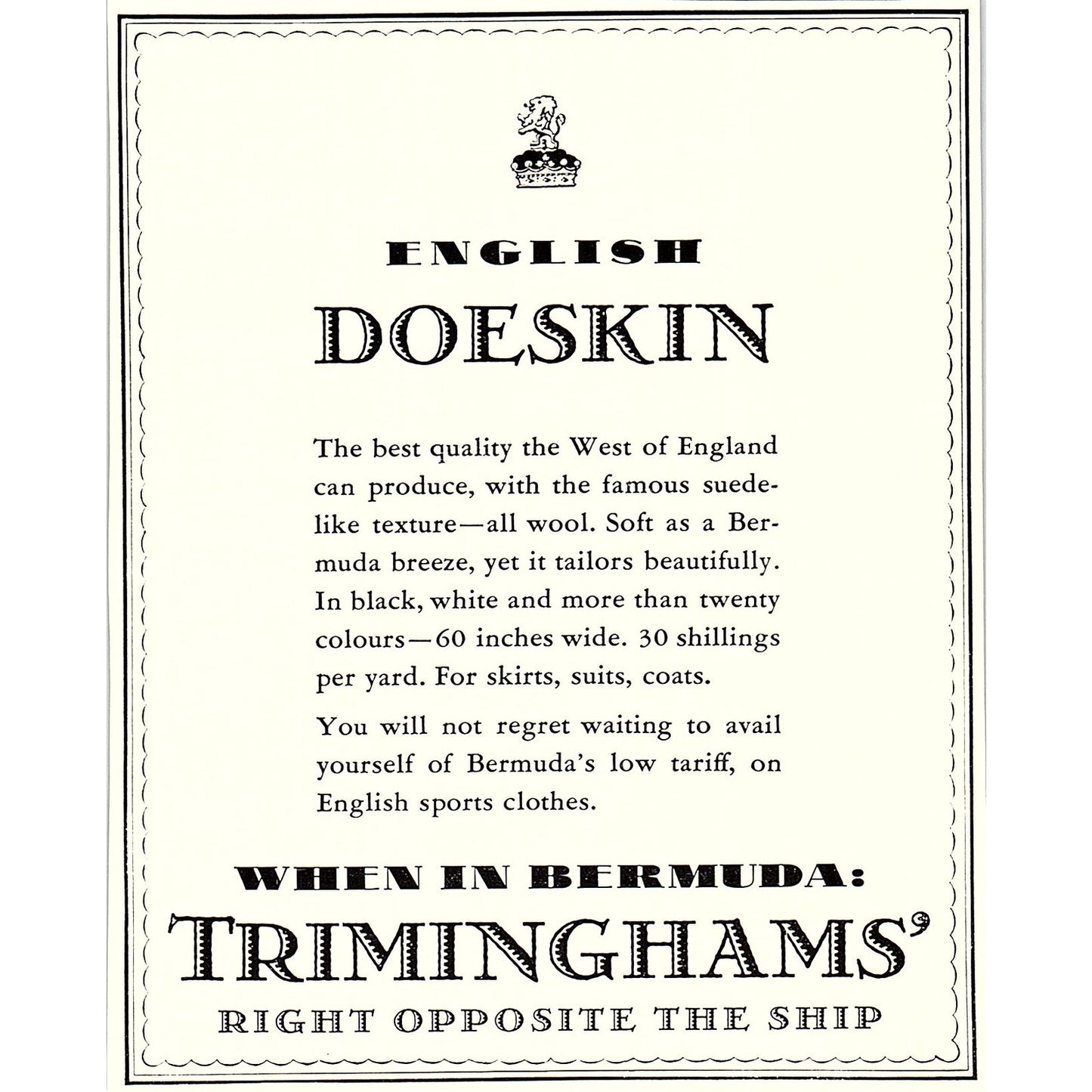Trimminghams English Doeskin Bermuda Ad 1935 AG3-2