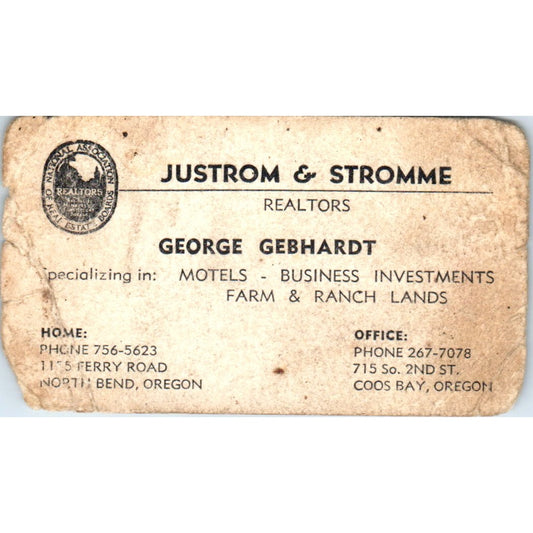 George Gebhardt Justrom & Stromme Realtors Coos Bay Vintage Business Card SD8-B2