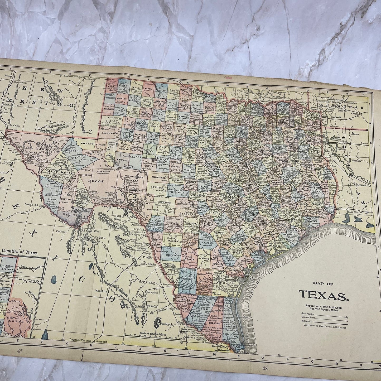 1899 Map of Texas Fold Out Original Tinted Map Engraving FL6-8