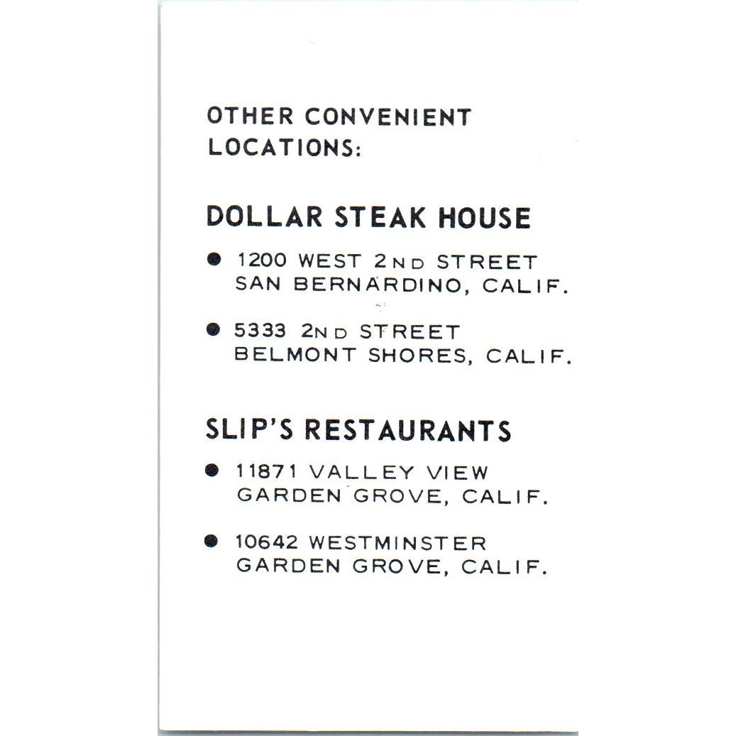Dollar Steak House Long Beach CA Vintage Business Card SD8-B7