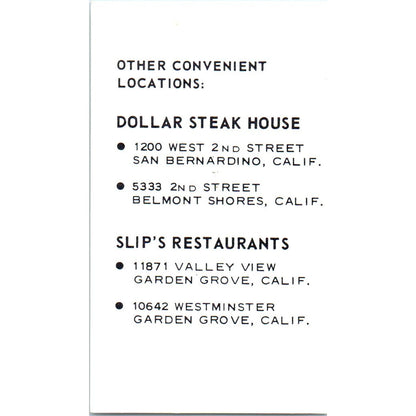 Dollar Steak House Long Beach CA Vintage Business Card SD8-B7