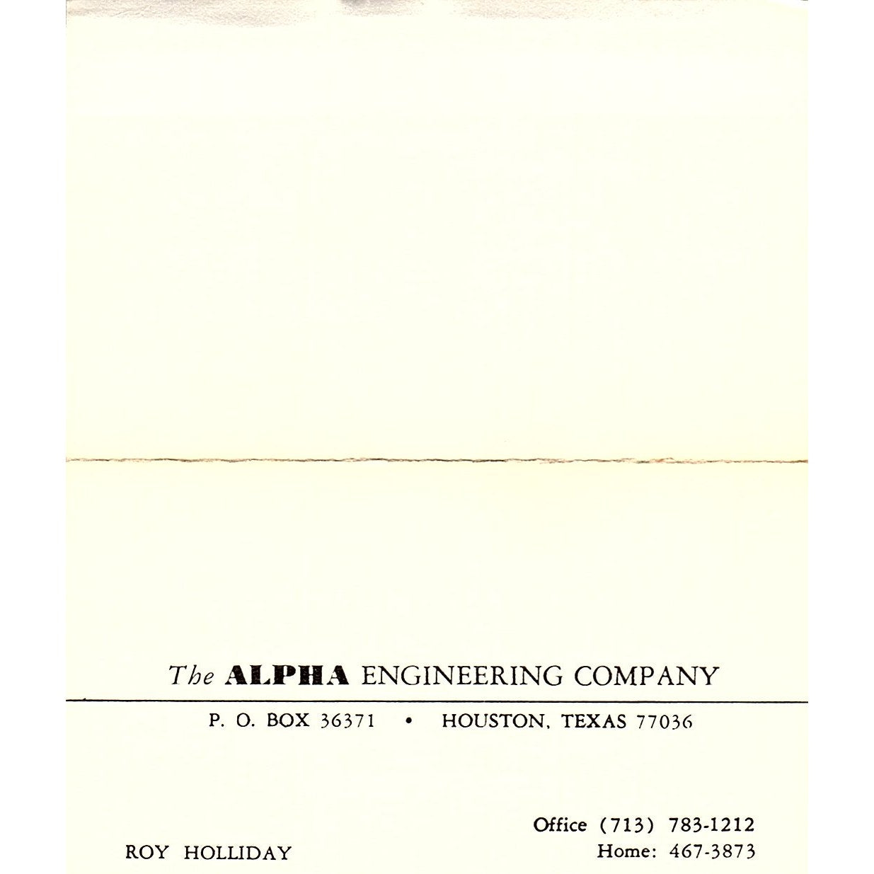 Alpha Engineering Company Roy Holliday Houston TX Vintage Business Card SB4-B2