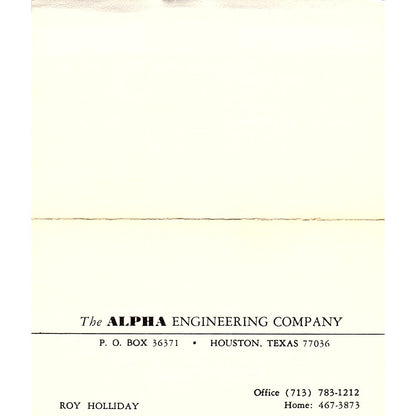Alpha Engineering Company Roy Holliday Houston TX Vintage Business Card SB4-B2