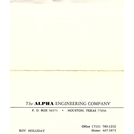 Alpha Engineering Company Roy Holliday Houston TX Vintage Business Card SB4-B2