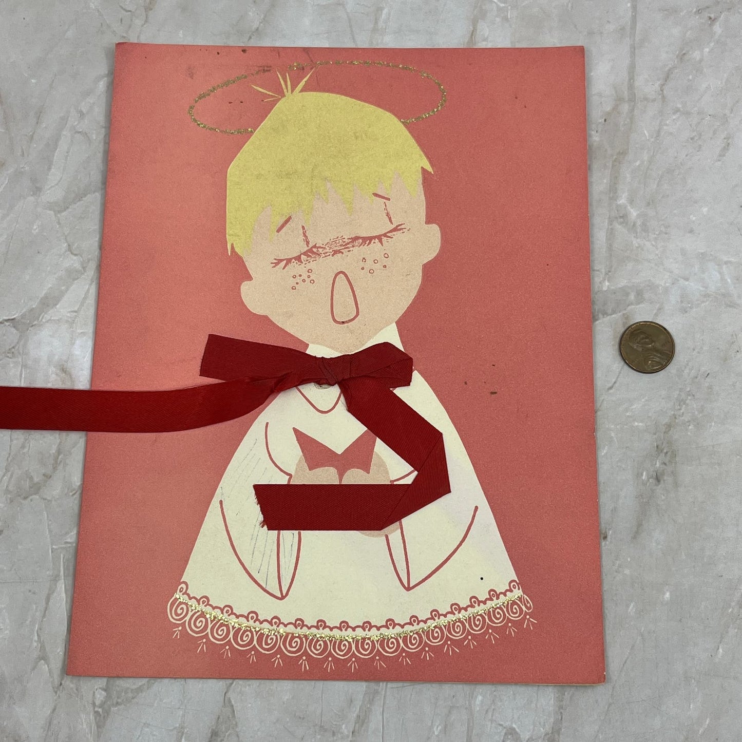 Vintage Large Handmade Greeting Card Choirboy Angel 7x9 TG9-E2