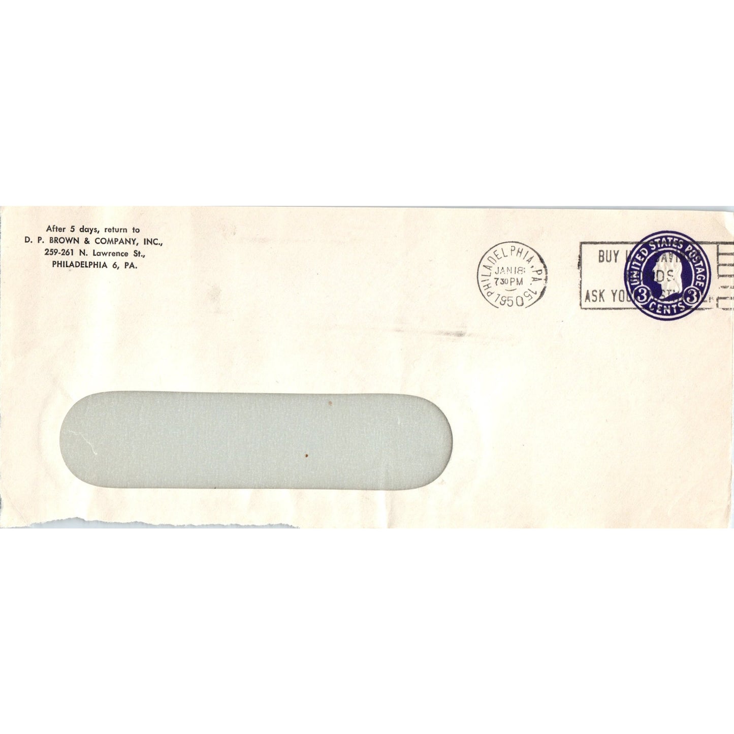 1950 D.P. Brown & Company Inc Philadelphia PA Postal Cover Envelope TH9-L1