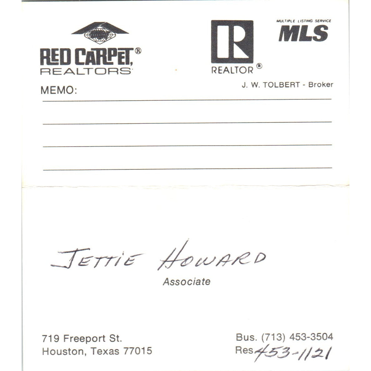 Jettie Howard Red Carpet Realtors Houston TX Vintage Business Card SD4-B5