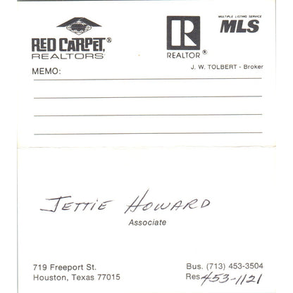Jettie Howard Red Carpet Realtors Houston TX Vintage Business Card SD4-B5