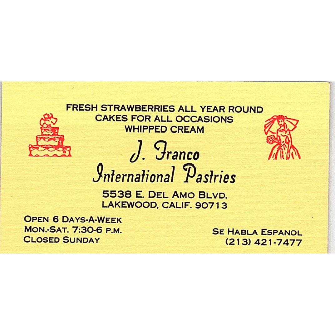 J. Franco International Pastries Lakewood CA Vintage Business Card SD9-B9