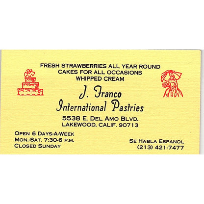 J. Franco International Pastries Lakewood CA Vintage Business Card SD9-B9