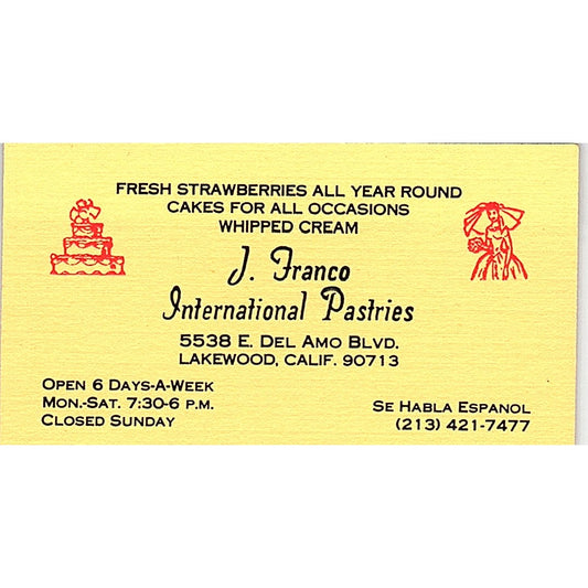 J. Franco International Pastries Lakewood CA Vintage Business Card SD9-B9