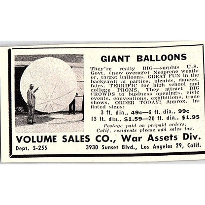 Giant Balloons Volume Sales Co Los Angeles CA 1955 Ad AF9-S7