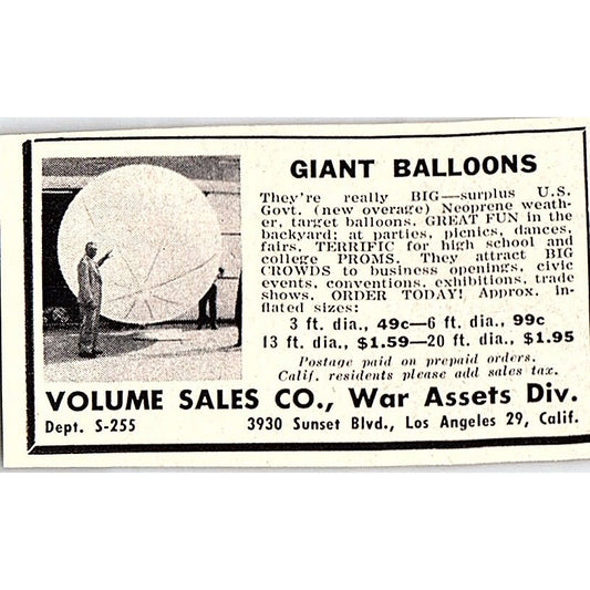 Giant Balloons Volume Sales Co Los Angeles CA 1955 Ad AF9-S7