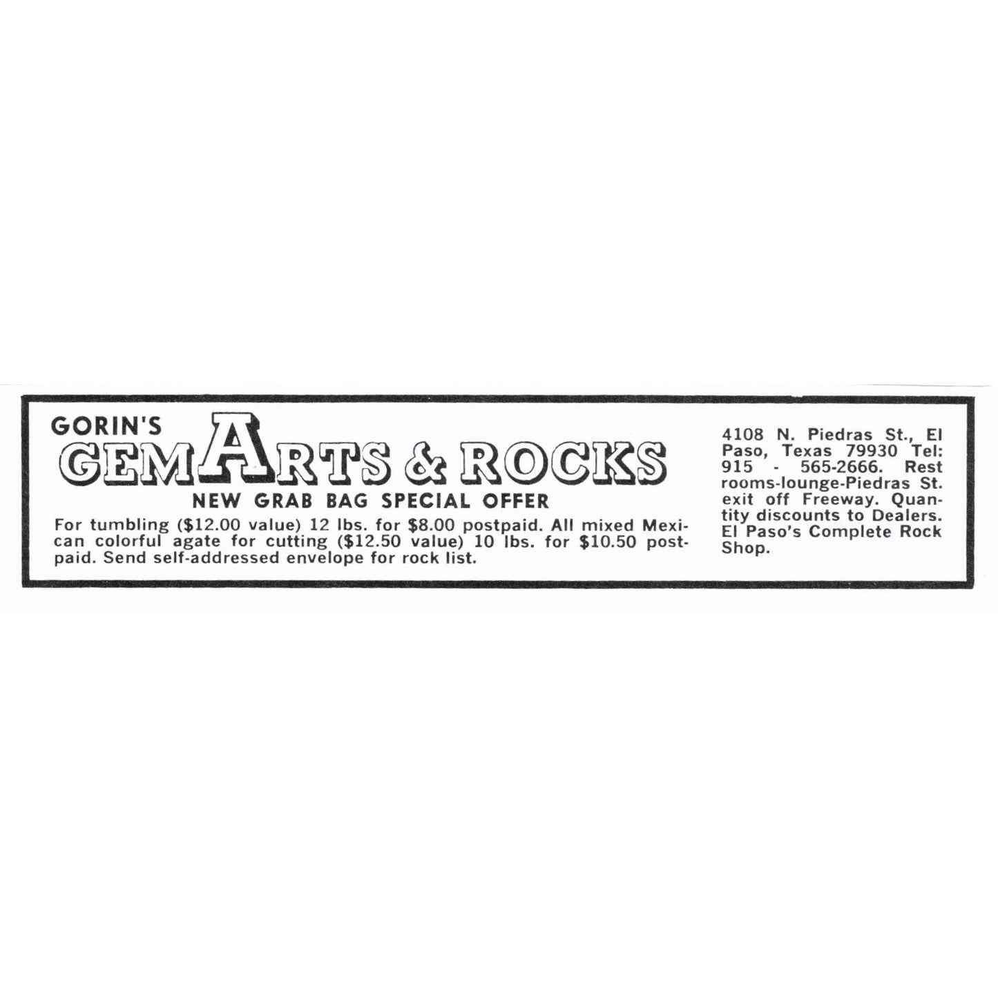 Gorin's Gem Arts & Rocks El Paso Texas 1972 Ad AF8-M4