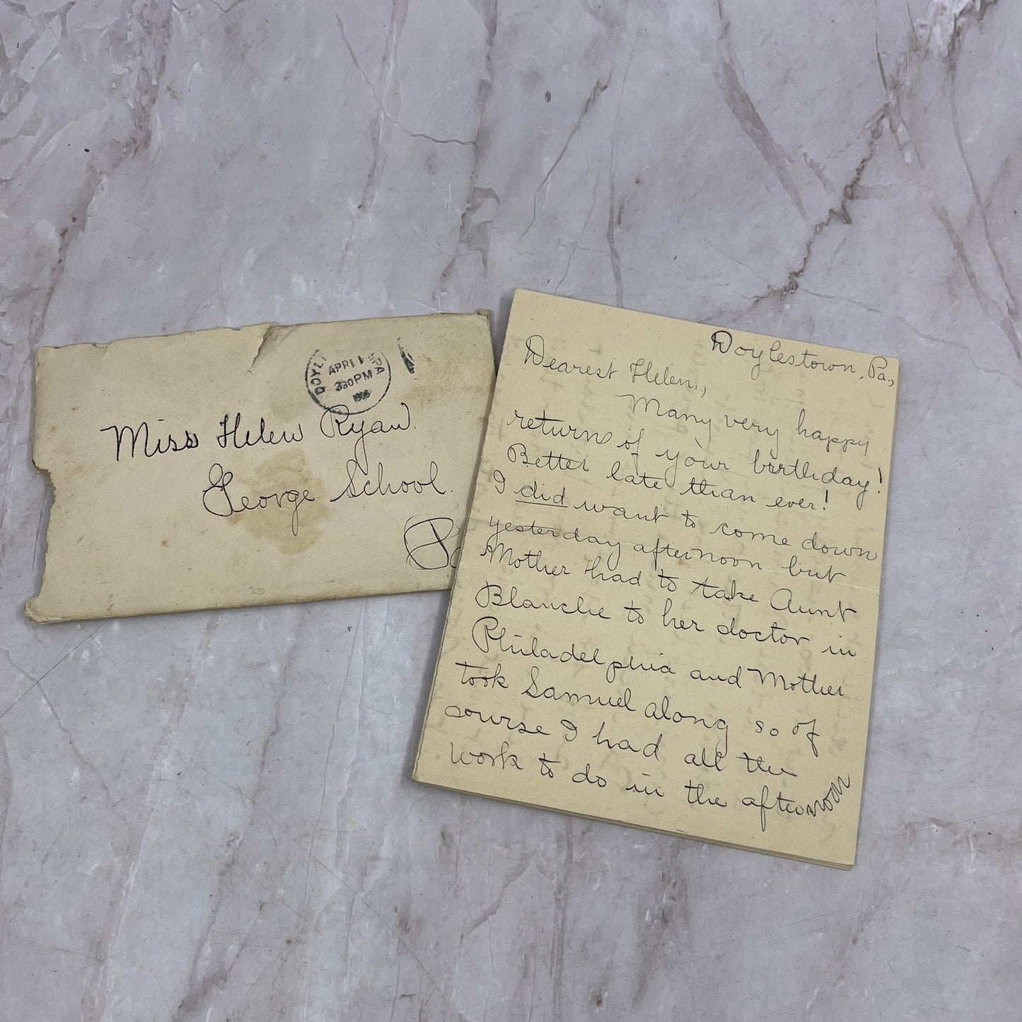 1906 Letter to Miss Helen Ryan George School PA Postal Cover Ai5-PCL
