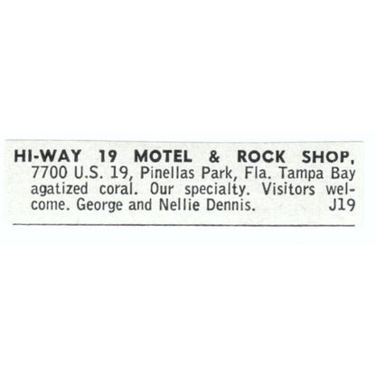 Hi-Way 19 Motel & Rock Shop George Dennis Pinellas Park FL 1964 Ad AB6-LJS6