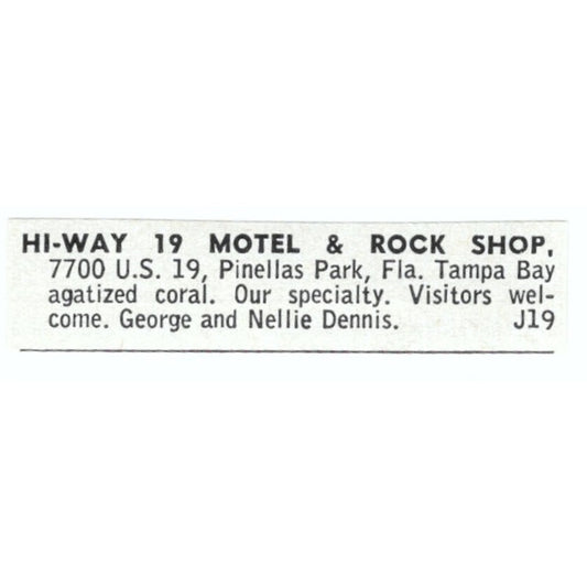 Hi-Way 19 Motel & Rock Shop George Dennis Pinellas Park FL 1964 Ad AB6-LJS6