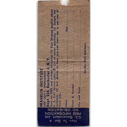 Government Jobs Franklin Institute NY Vintage Matchbook Cover SF3-Y5