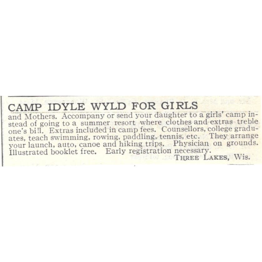 Camp Idyle Wyld for Girls Three Lakes WI c1918 Original Advertisement AE5-SA10