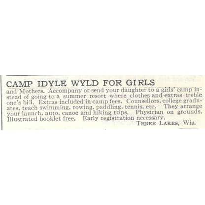 Camp Idyle Wyld for Girls Three Lakes WI c1918 Original Advertisement AE5-SA10