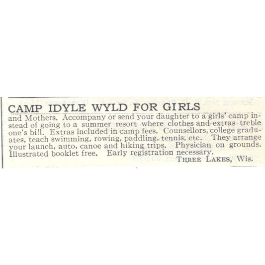Camp Idyle Wyld for Girls Three Lakes WI c1918 Original Advertisement AE5-SA10