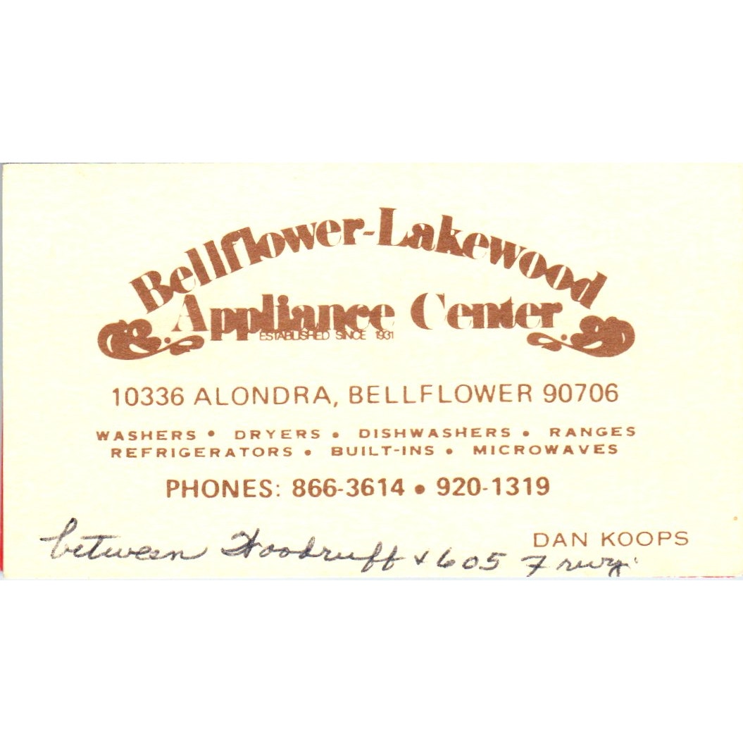 Bellflower-Lakewood Appliance Center CA Dan Koops Vintage Business Card SD8-B13