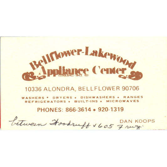 Bellflower-Lakewood Appliance Center CA Dan Koops Vintage Business Card SD8-B13