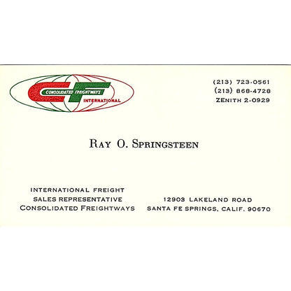 Consolidated Freightways Ray O Springsteen Santa Springs CA Business Card SB4-B6