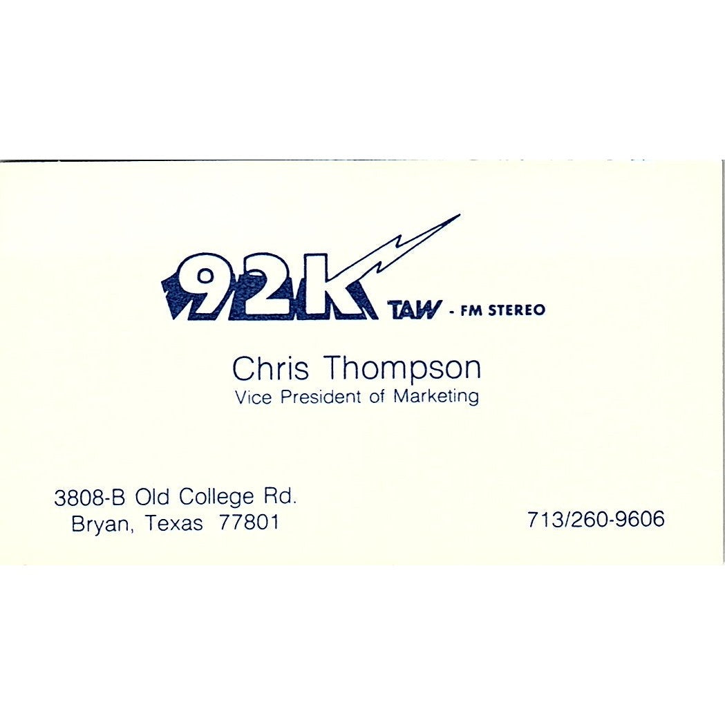 92KTAW FM Stereo Chris Thompson Bryan TX Vintage Business Card SSB4-B12