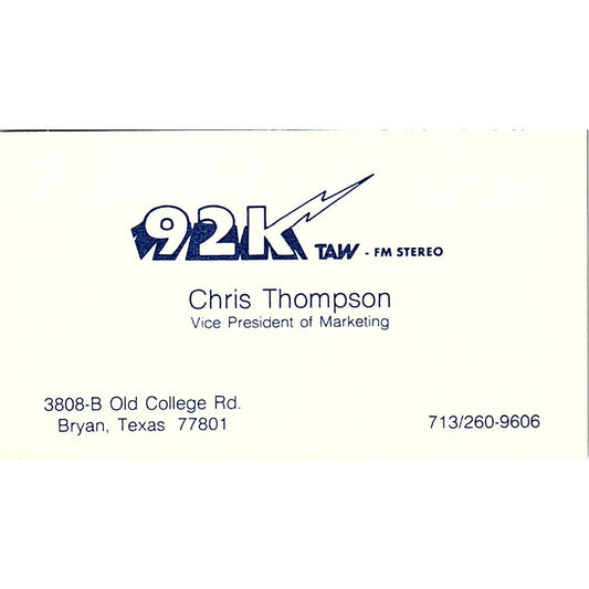 92KTAW FM Stereo Chris Thompson Bryan TX Vintage Business Card SSB4-B12
