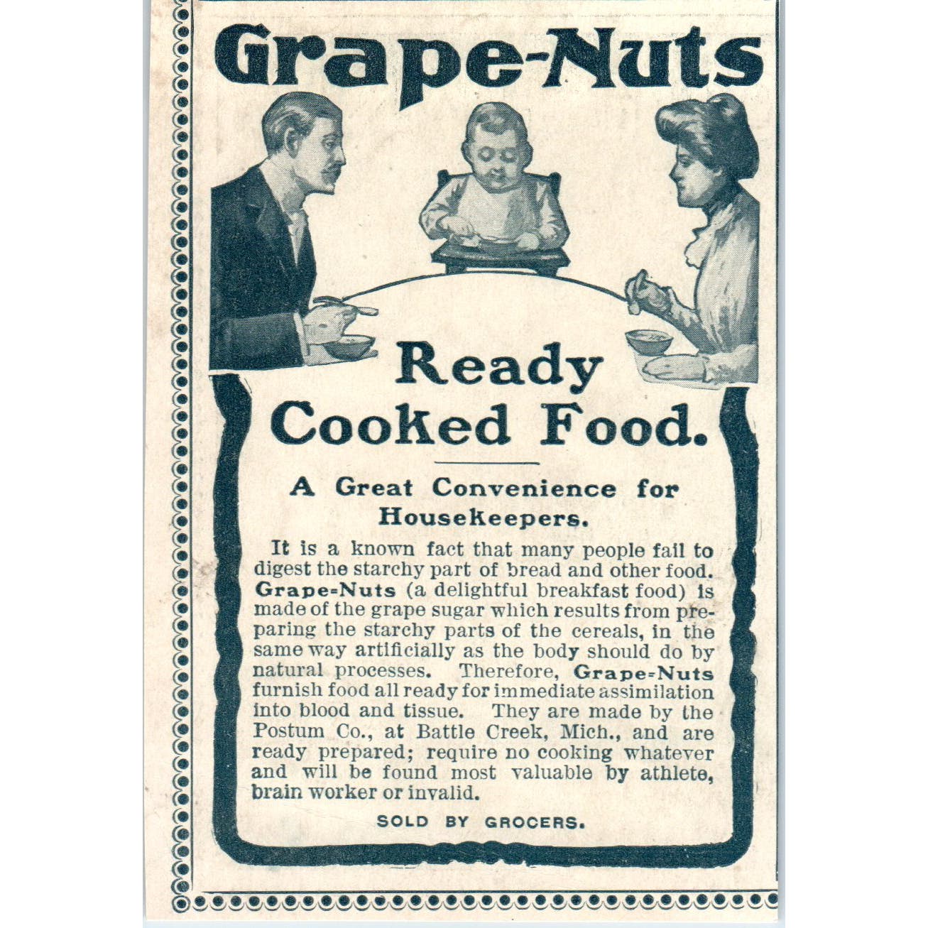 Grape-Nuts Ready Cooked Food c1905 Original Magazine Advertisement AE7-A2