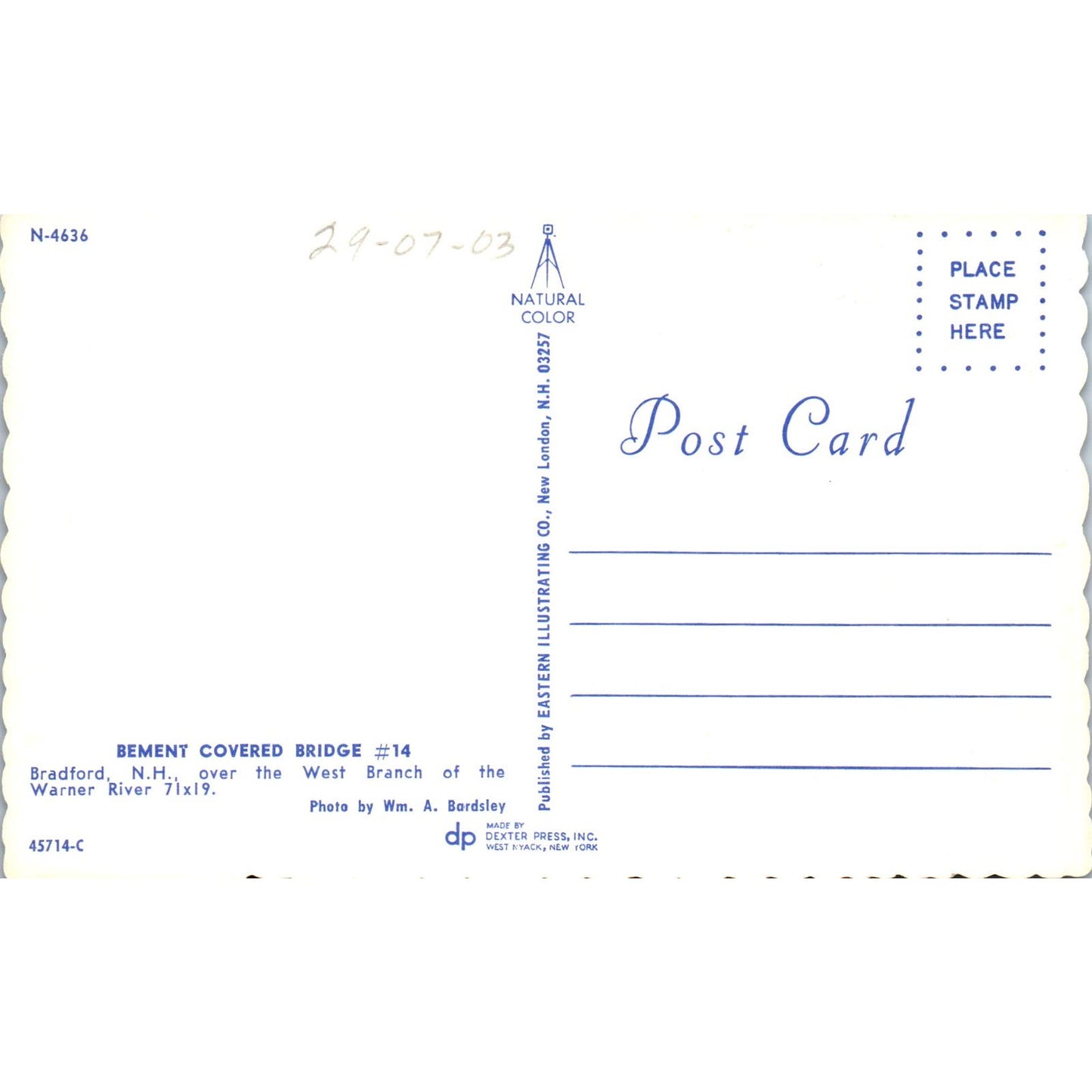 Bement Bridge #14 Bradford NH Warner River Covered Bridge Postcard PC3