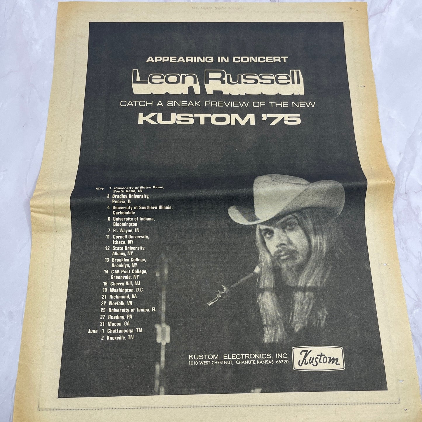 Leon Russell Kustom 75 Concert Tour Dates 11x14.5" 1974 Ad V14-2