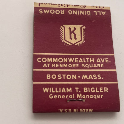 Hotel Kenmore Boston MA William T Bigler Vintage Matchbook Cover TB8-MB2-6