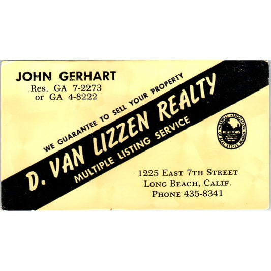 John Gerhart D. Van Lizzen Realty Long Beach CA Vintage Business Card SD4-B5