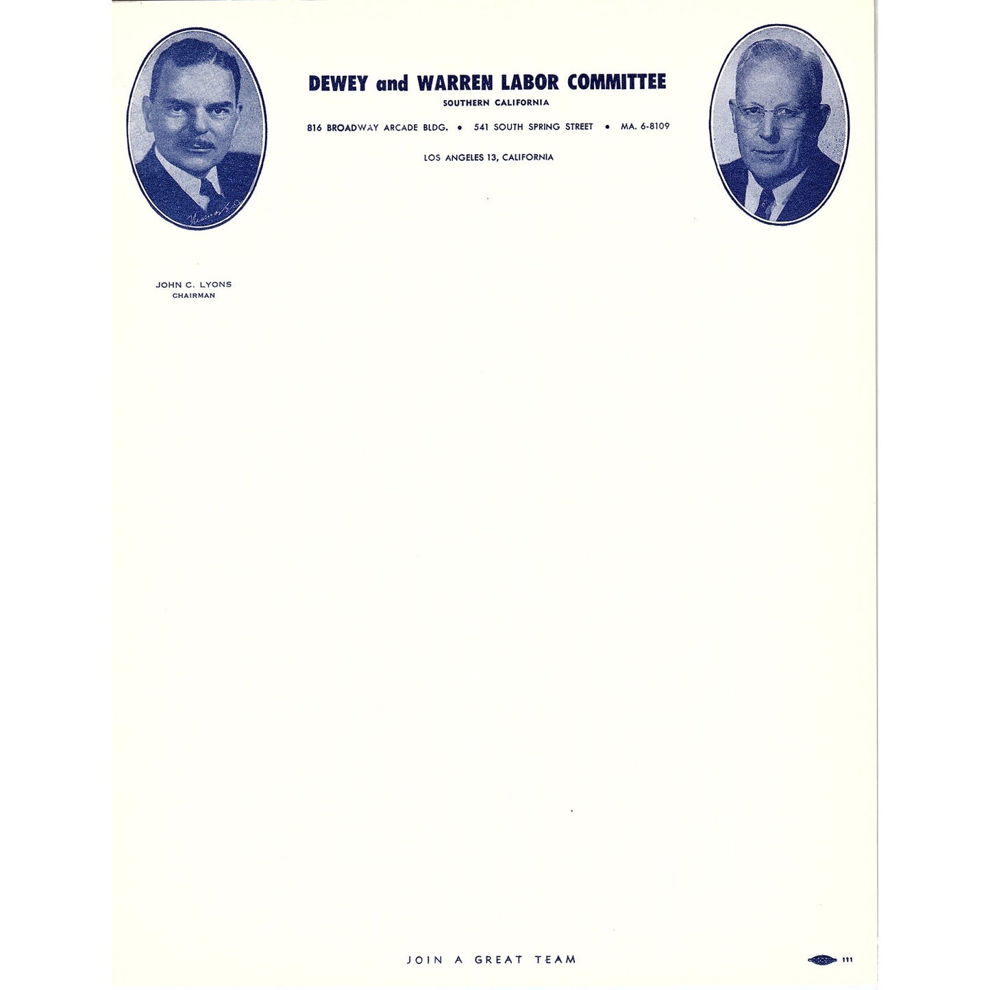 Vtg Dewey and Warren Labor Committee Southern CA Blank Letterhead Stationary AF3