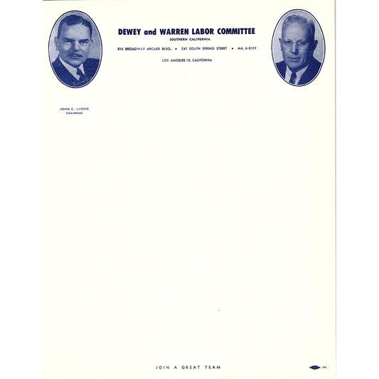 Vtg Dewey and Warren Labor Committee Southern CA Blank Letterhead Stationary AF3