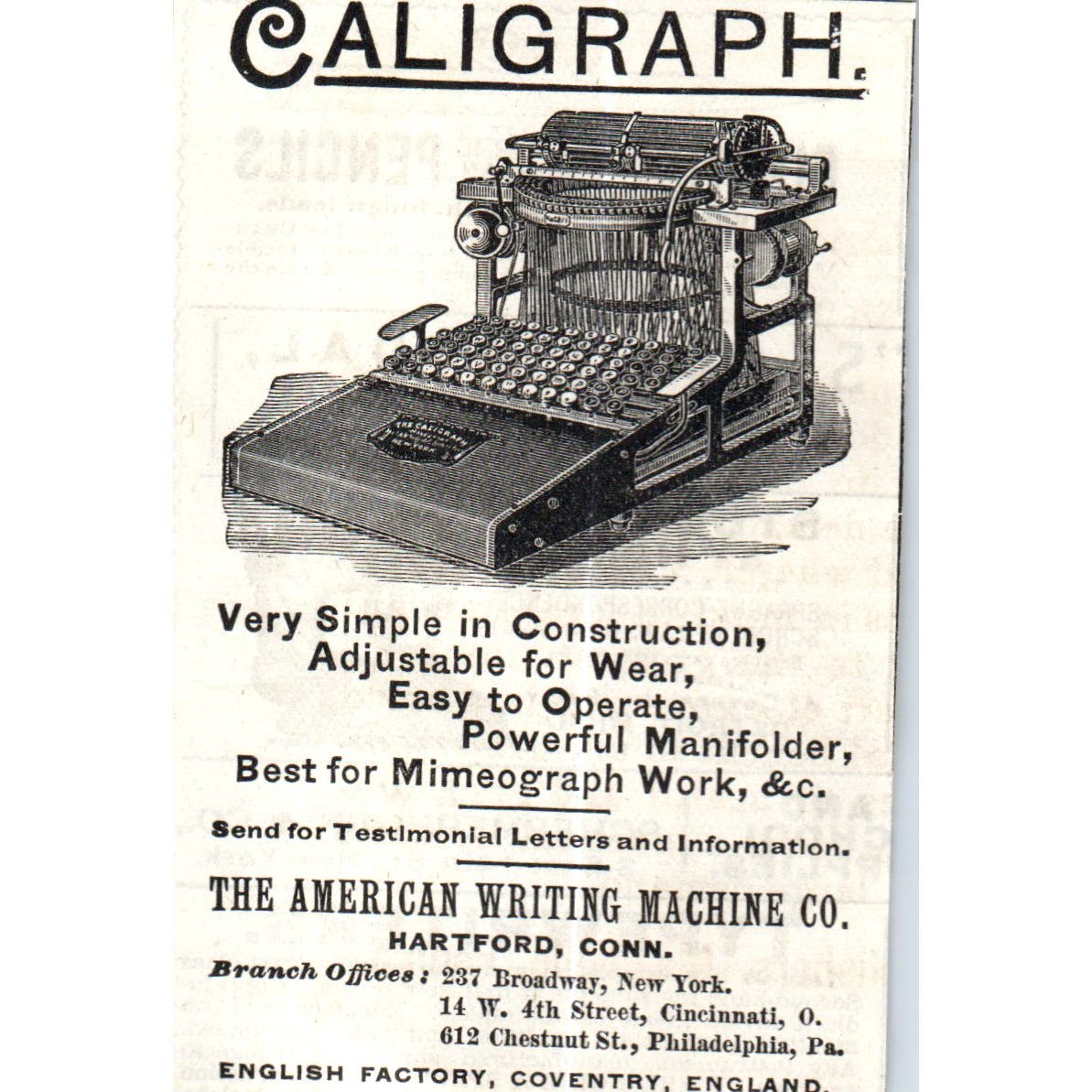 Caligraph American Writing Machine Co Hartford CT c1890 Victorian Ad AE8-CH7