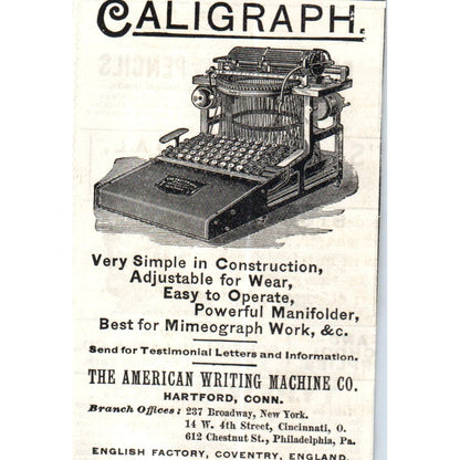Caligraph American Writing Machine Co Hartford CT c1890 Victorian Ad AE8-CH7
