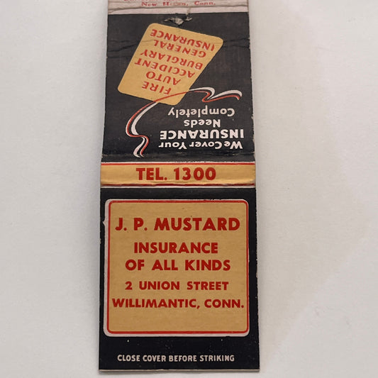 J.P. Mustard Ins Willimantic CT Vintage Matchbook Cover TB8-MB-15