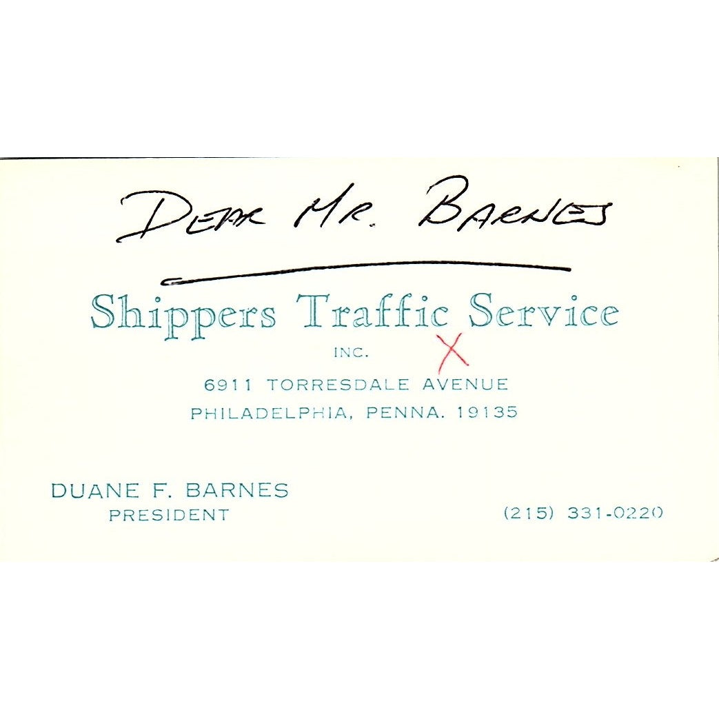 Shippers Traffic Service Duane  Barnes Philadelphia Penna Business Card SB4-B11