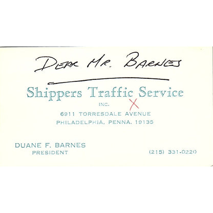 Shippers Traffic Service Duane  Barnes Philadelphia Penna Business Card SB4-B11
