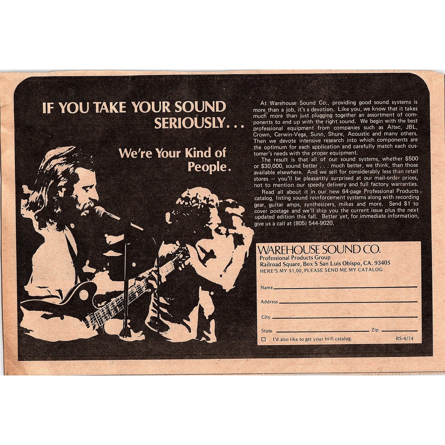 Warehouse Sound Co Sound Systems San Luis Obispo CA 6.5x9.5 1974 Ad AF6-18