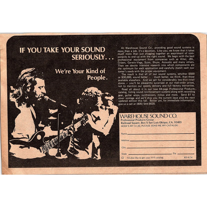 Warehouse Sound Co Sound Systems San Luis Obispo CA 6.5x9.5 1974 Ad AF6-18