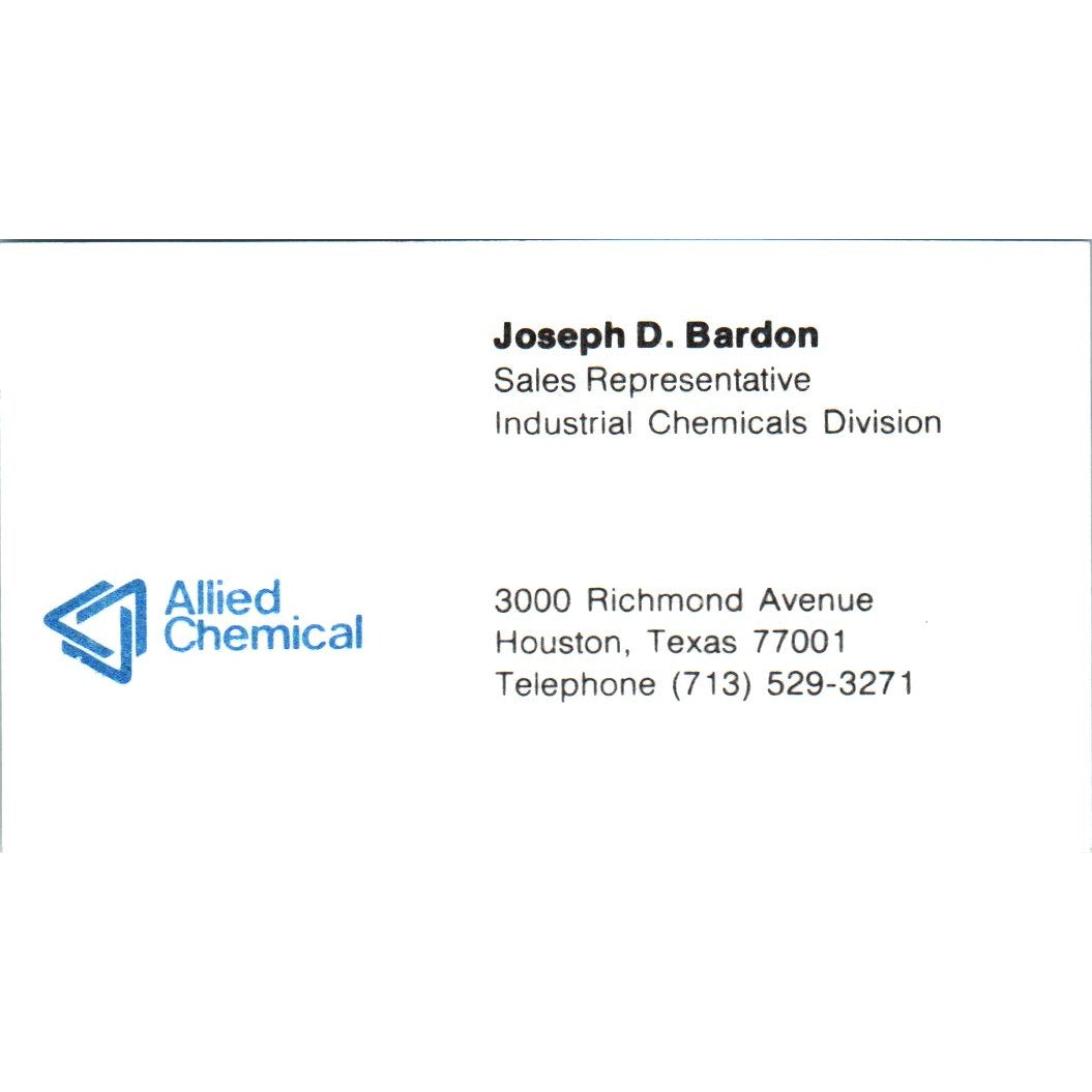Joseph D Bardon Allied Chemical Houston Vintage Business Card SE3-B10