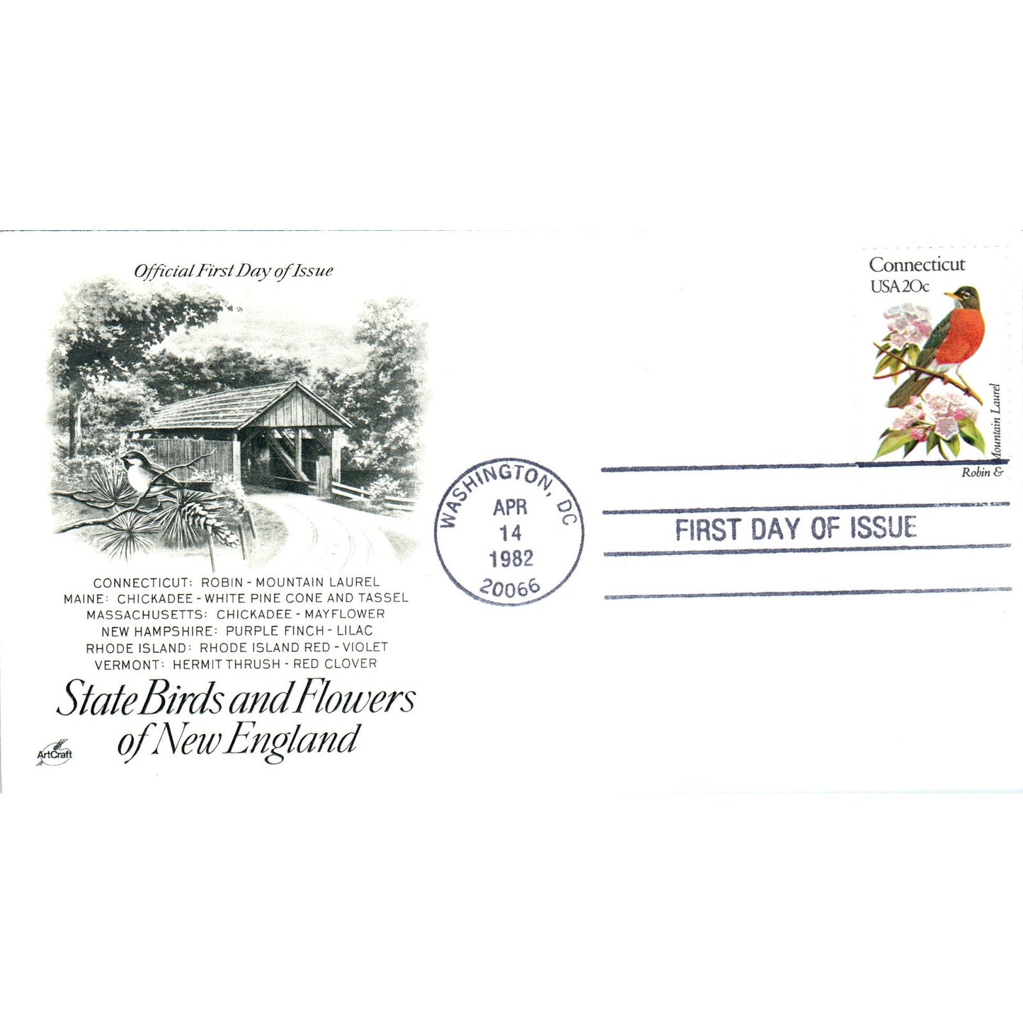 Connecticut 1982 State Birds & Flowers of New England First Day Issue TJ5-PC2