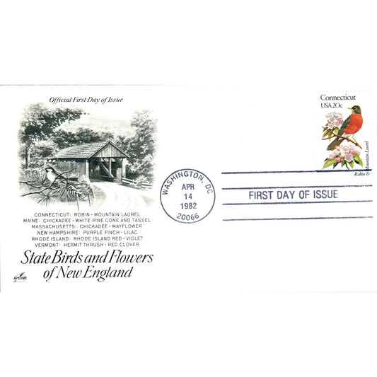 Connecticut 1982 State Birds & Flowers of New England First Day Issue TJ5-PC2
