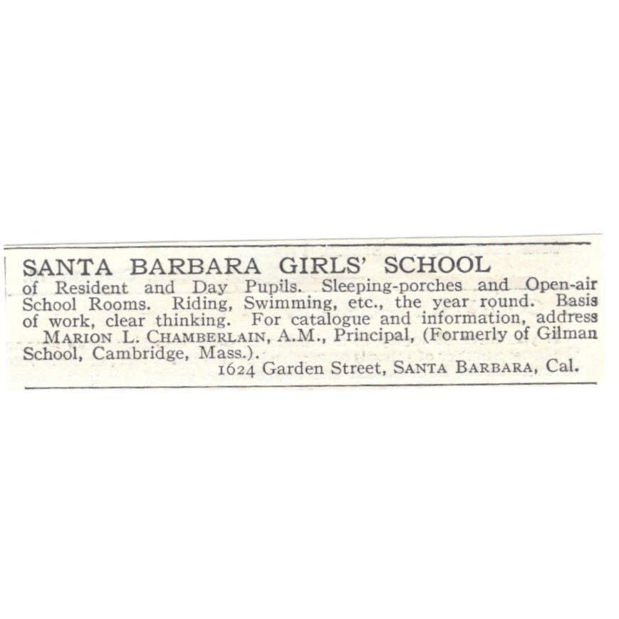 Santa Barbara CA Girls School Marion L. Chamberlain c1918 Advertisement AE5-SA5