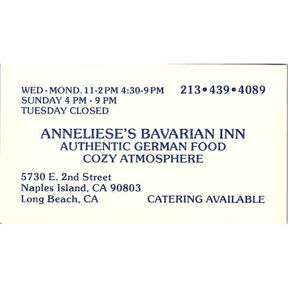 Anneliese's Bavarian Inn Naples Island, Long Beach Vintage Business Card SC9-B7