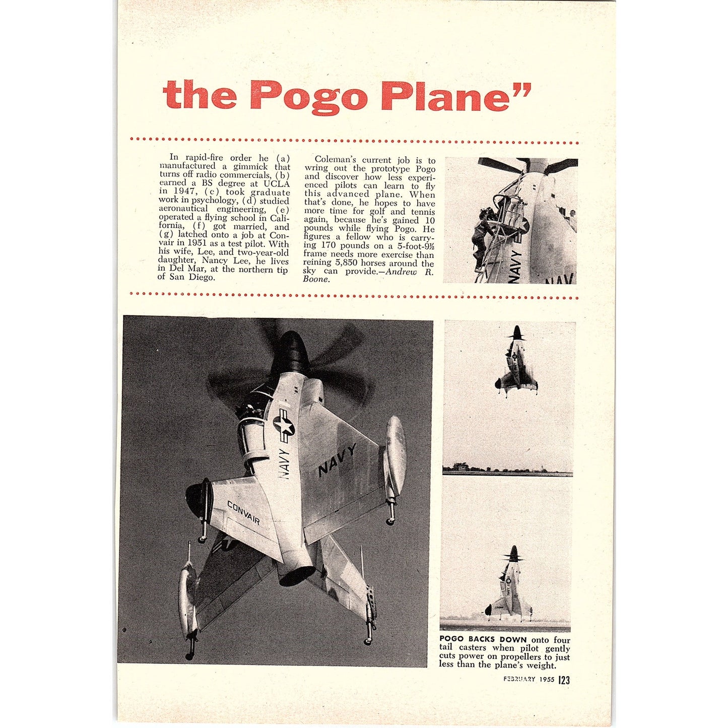 How I Fly the Pogo Plane Skeets Coleman 3-Page 1955 Article AG1-4